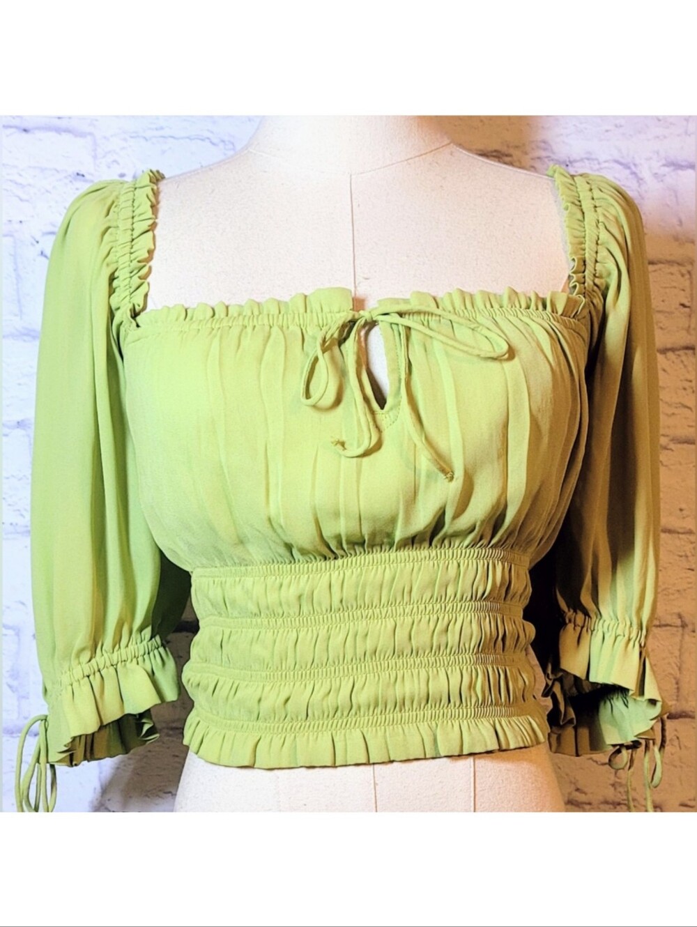 Abercrombie & Fitch Green Ruched Long Sleeve Crop Top Square Neck Puff Sleeve S